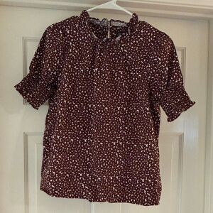 J. Crew Brown and white Floral Printed Ruffle-Neck Short Sleeve Blouse